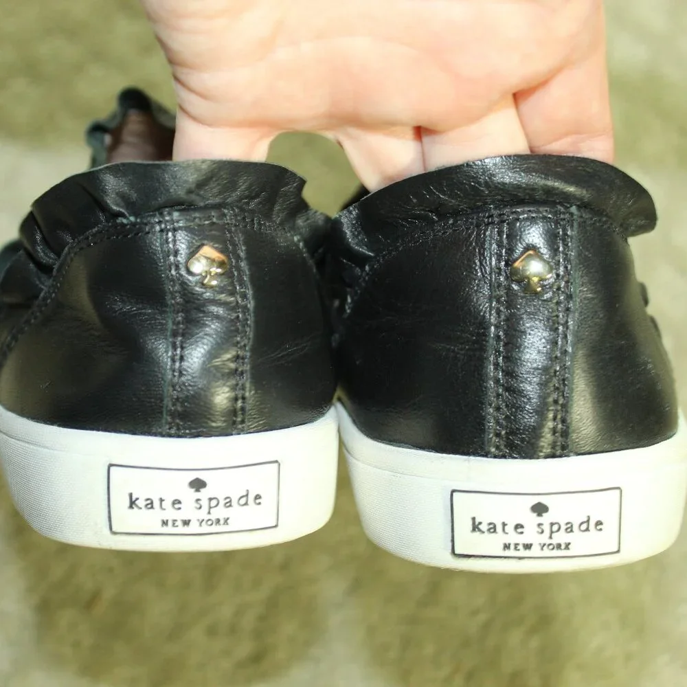 Kate Spade Women's Lilly Sneakers Size 8M Black Leather Casual Ruffled Slip-On